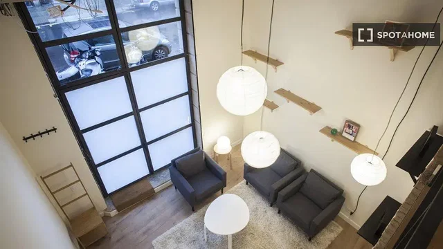 Living room; high ceiling, natural light, modern style