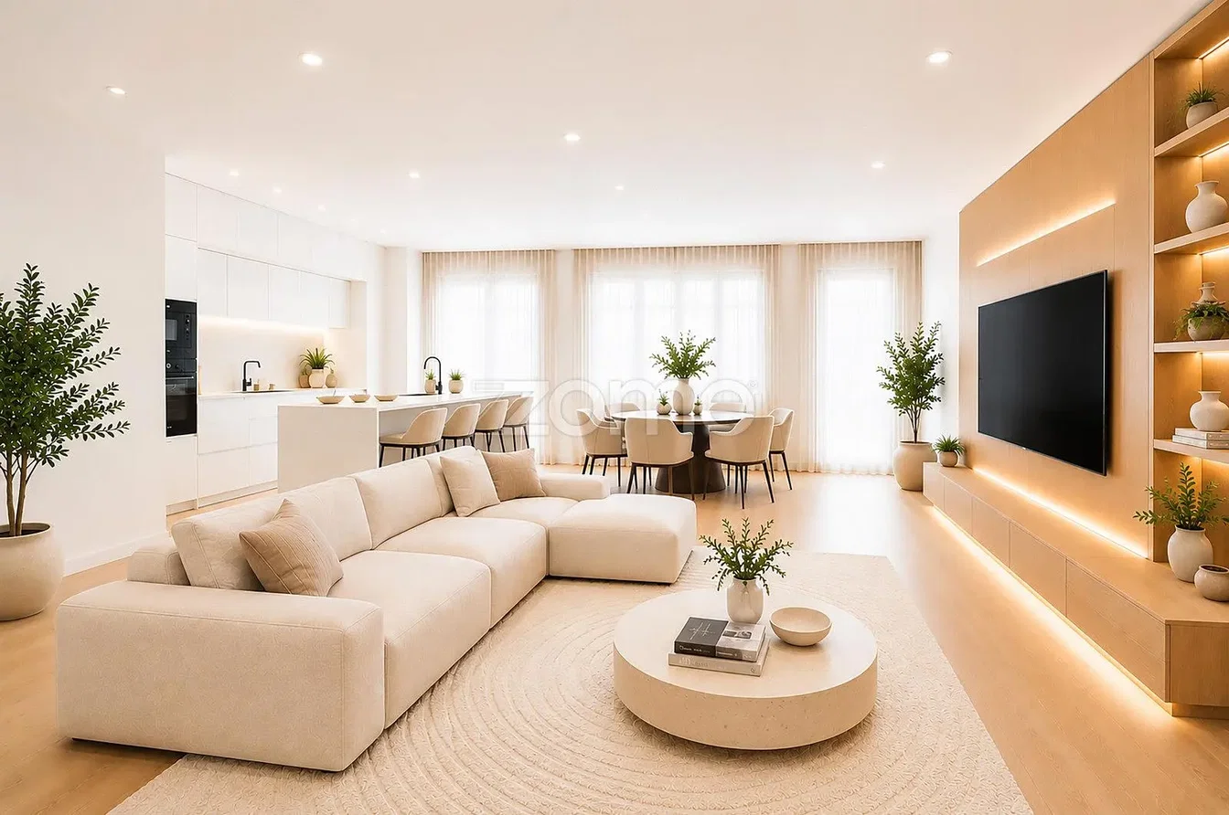 Woonkamer; natuurlijk licht, moderne stijl, houten vloer
