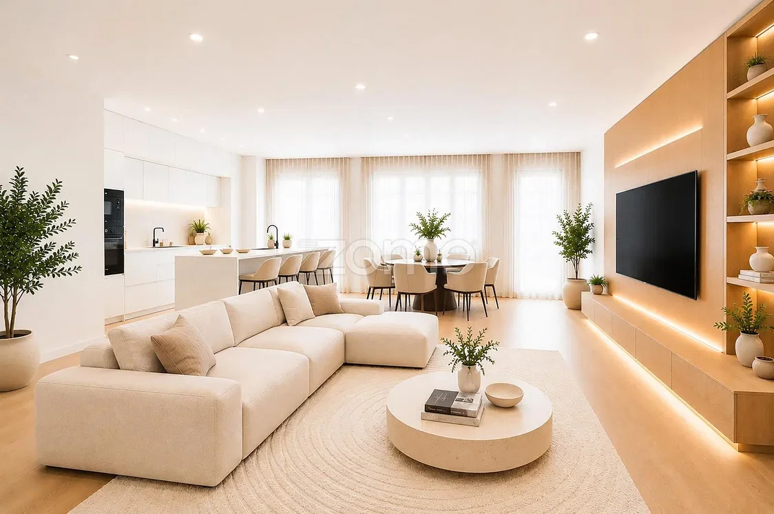 Woonkamer; natuurlijk licht, moderne stijl, houten vloer