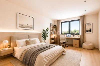 Slaapkamer; houten vloer, natuurlijk licht, moderne stijl