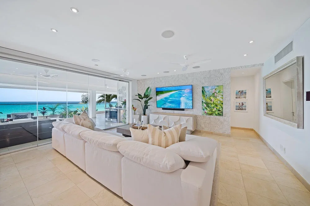 Living room; view, natural light, tile floor, modern style