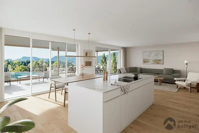 Living room; view, kitchen appliances, natural light, wood floor, modern style