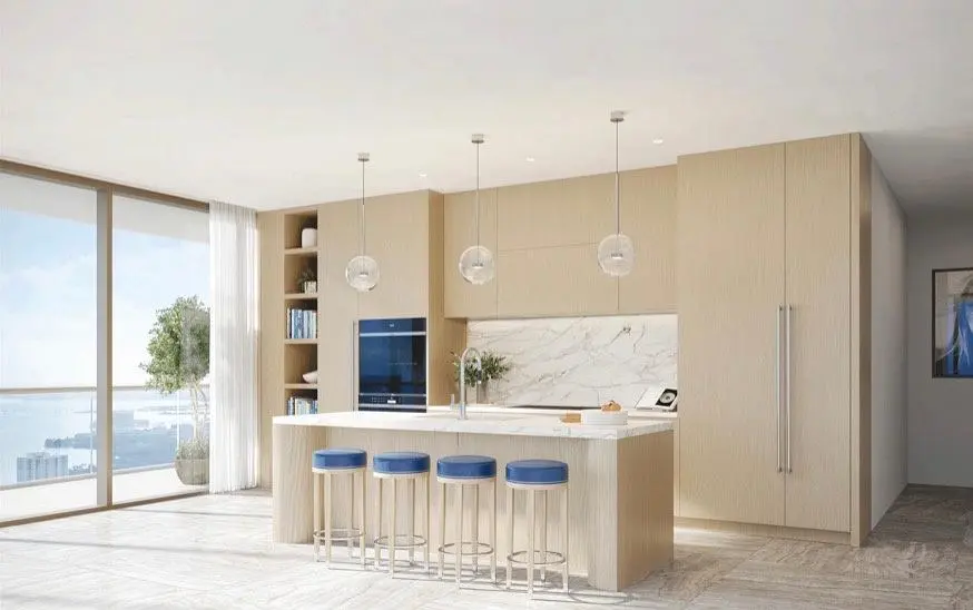 Cuisine; vue, électroménager, lumière naturelle, style moderne