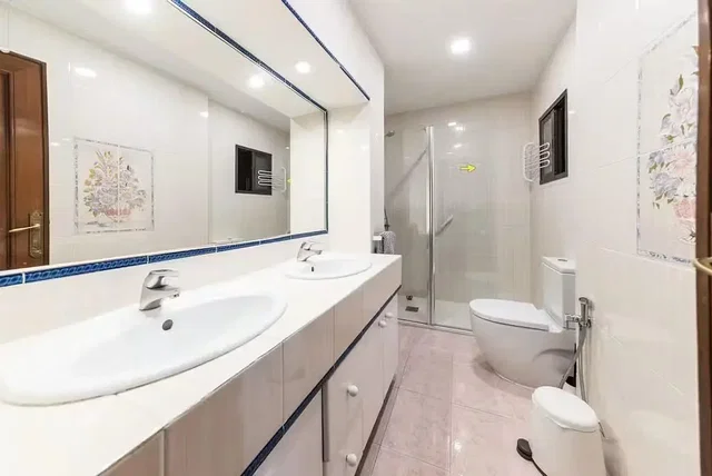 Baño; suelo de baldosas, renovado, luz natural