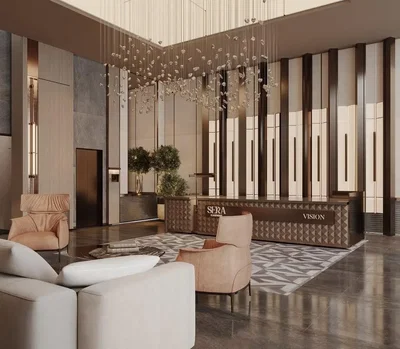 Living room; modern style, high ceiling, natural light