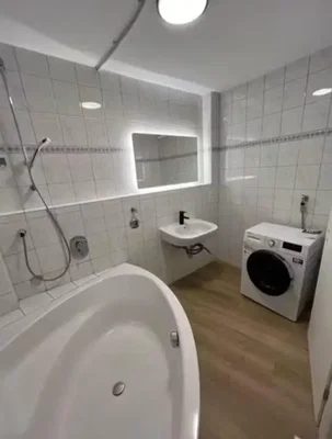 Bathroom; tile floor, wood floor, natural light