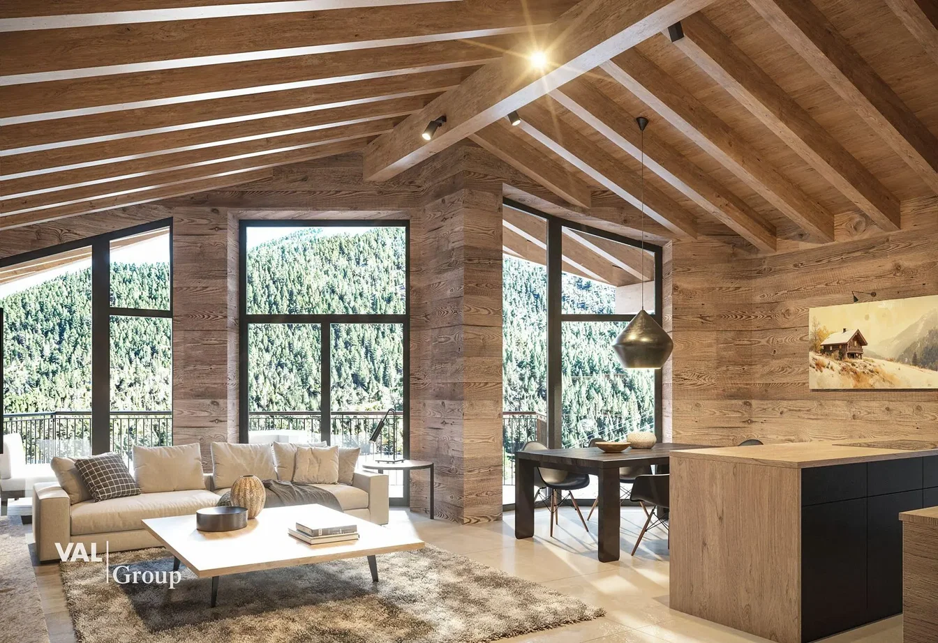 Sala de estar; vigas de madeira, chão de madeira, luz natural, estilo rústico, vista