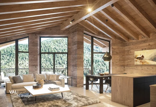 Sala de estar; vigas de madeira, chão de madeira, luz natural, estilo rústico, vista