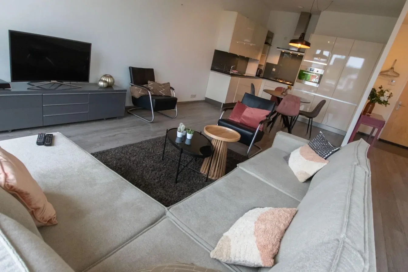 Obývací pokoj; přirozené světlo, dlažba, moderní styl, kuchyňské spotřebiče