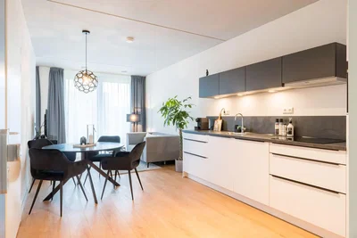 Cuisine; électroménager, parquet, lumière naturelle
