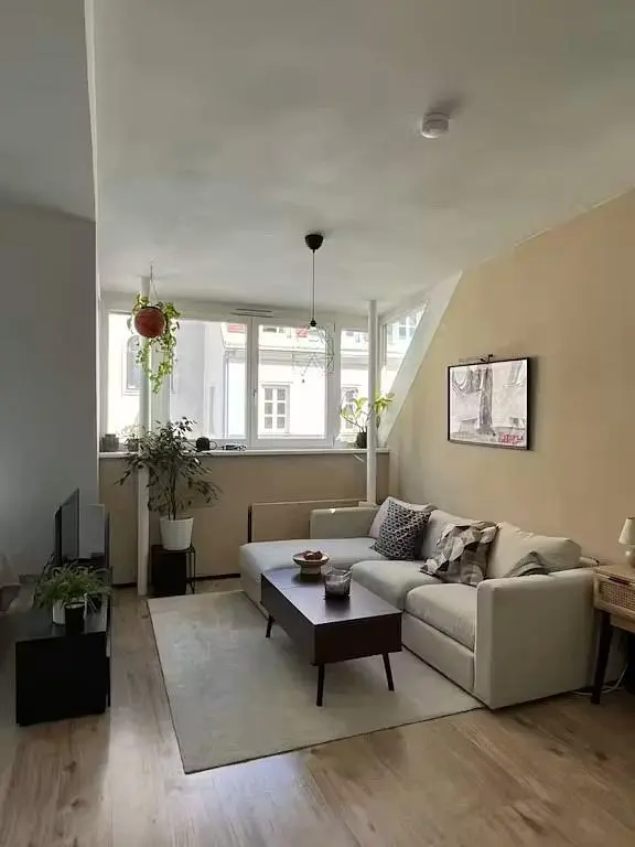Salón; luz natural, suelo de madera, estilo moderno