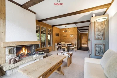 Salon; cheminée, poutres en bois, style rustique, lumière naturelle