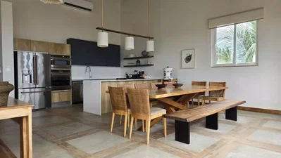 Kitchen; kitchen appliances, tile floor, natural light, modern style