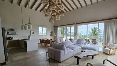 Living room; view, kitchen appliances, natural light, modern style, wood beams, tile floor