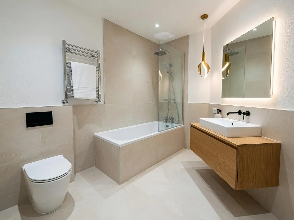 Salle de bain; carrelage, rénové, lumière naturelle