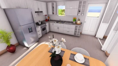 Кухиња; кухињски апарати, природно светло, дрвени под