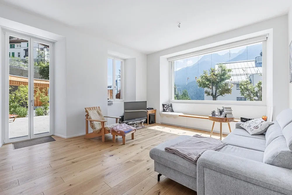 Living room; wood floor, natural light, view