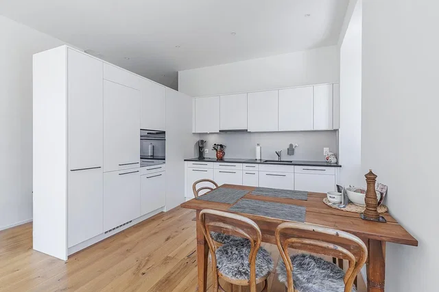 Kitchen; kitchen appliances, wood floor, natural light, modern style