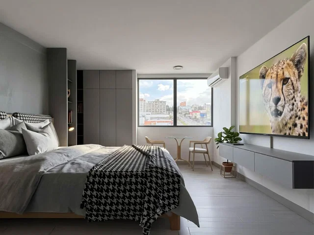 Schlafzimmer; tageslicht, holzboden, moderner stil
