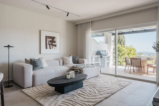 Living room; view, natural light, modern style, tile floor