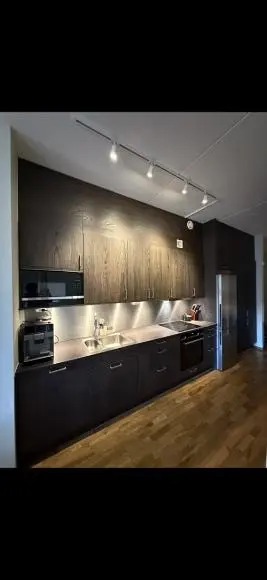 Cuisine; électroménager, parquet, lumière naturelle