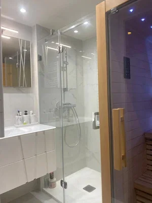 Salle de bain; rénové, carrelage, lumière naturelle