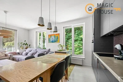 Obývací pokoj; výhled, kuchyňské spotřebiče, přirozené světlo, moderní styl