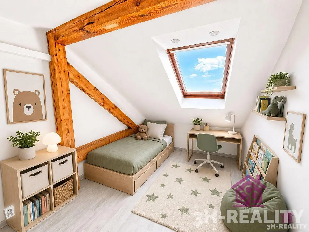Quarto de criança; luz natural, vigas de madeira, estilo moderno