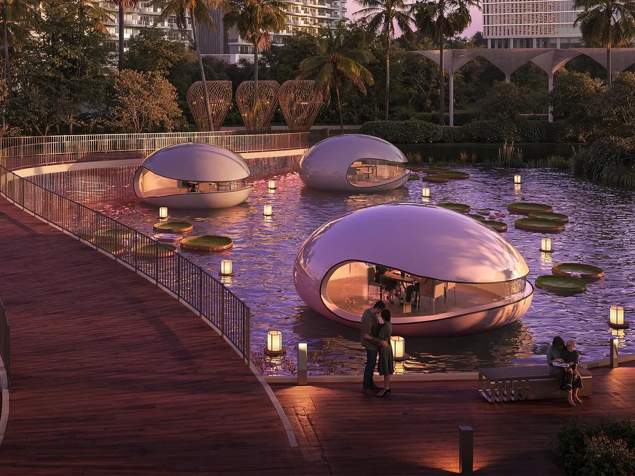 FLOATING PODS: Drift into calm on inviting platfroms designed for quiet moments, conversation, and effortless escape.