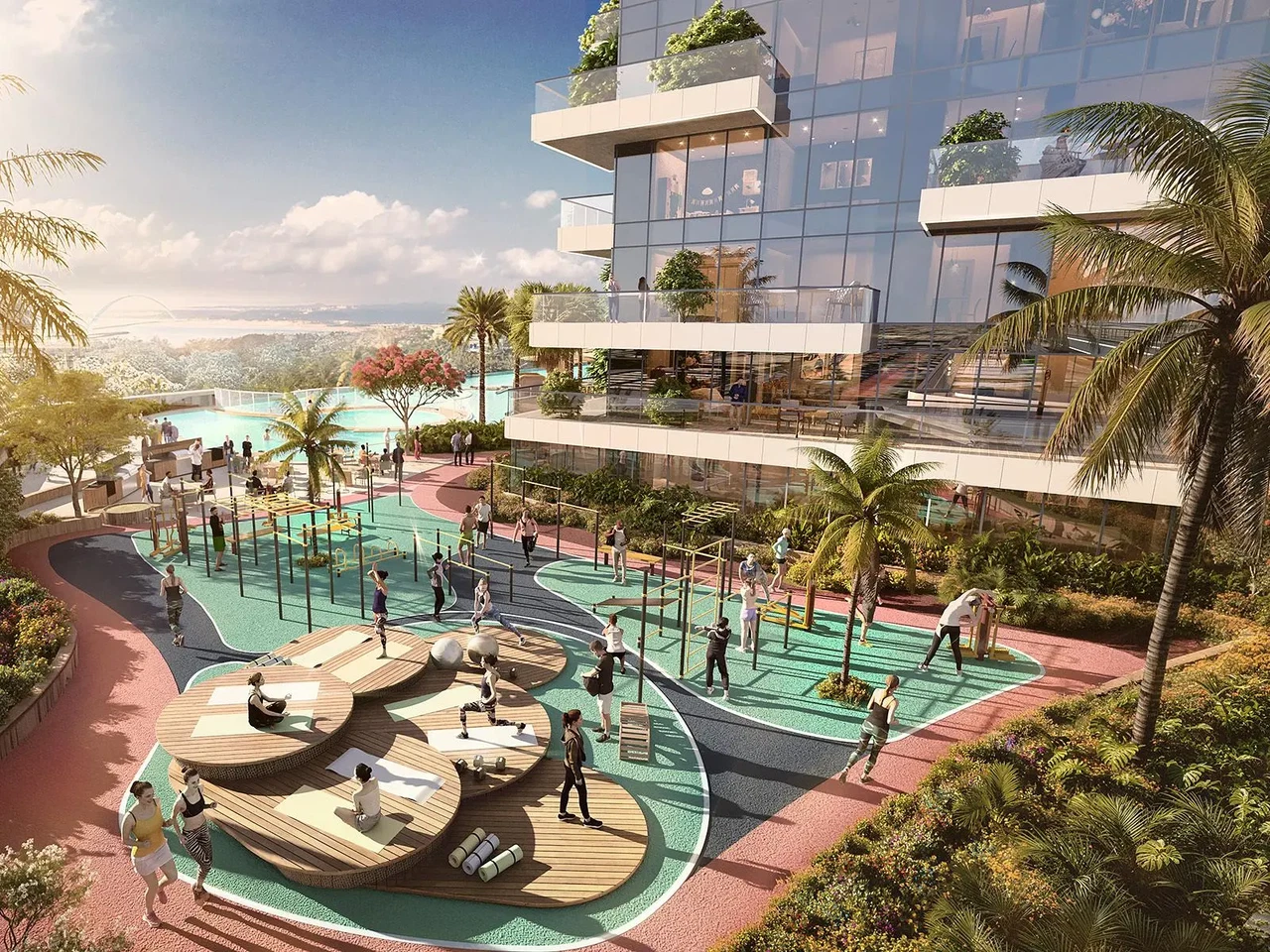 OPEN-AIR GYM: Break free in an outdoor workout space on Level 6, where intense exercise meets breathtaking views on Dubai's skyline.