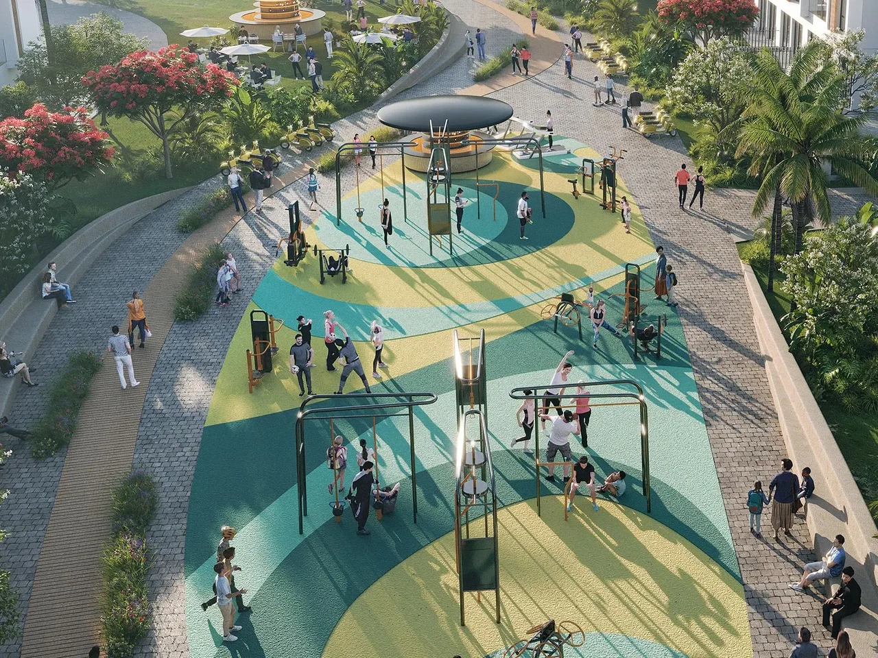 CALISTHENICS STATIONS: Elevate your workout with dedicated stations that offer a full-body exercise experience, set against stunning backdrops for an immersive fitness journey.